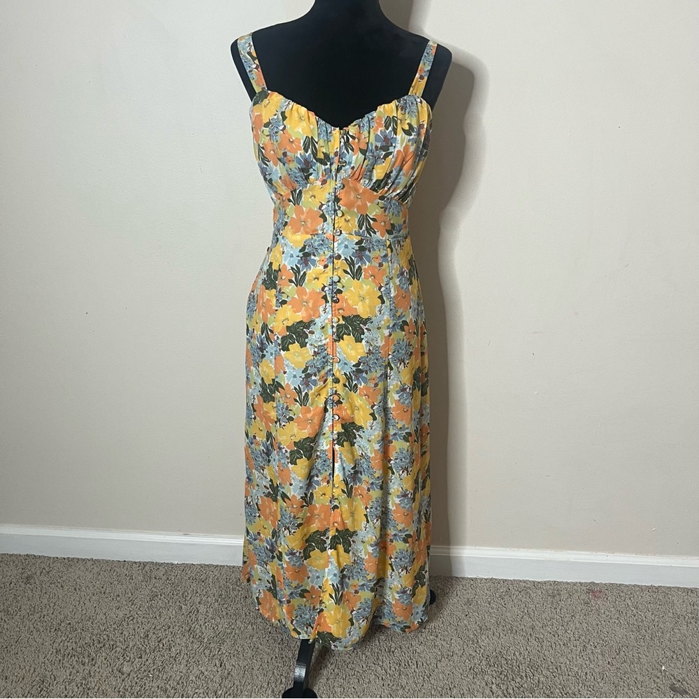 Abercrombie & Fitch Women’s Yellow Floral Sleeveless Ruched Midi Dress Sz S - Picture 2 of 13